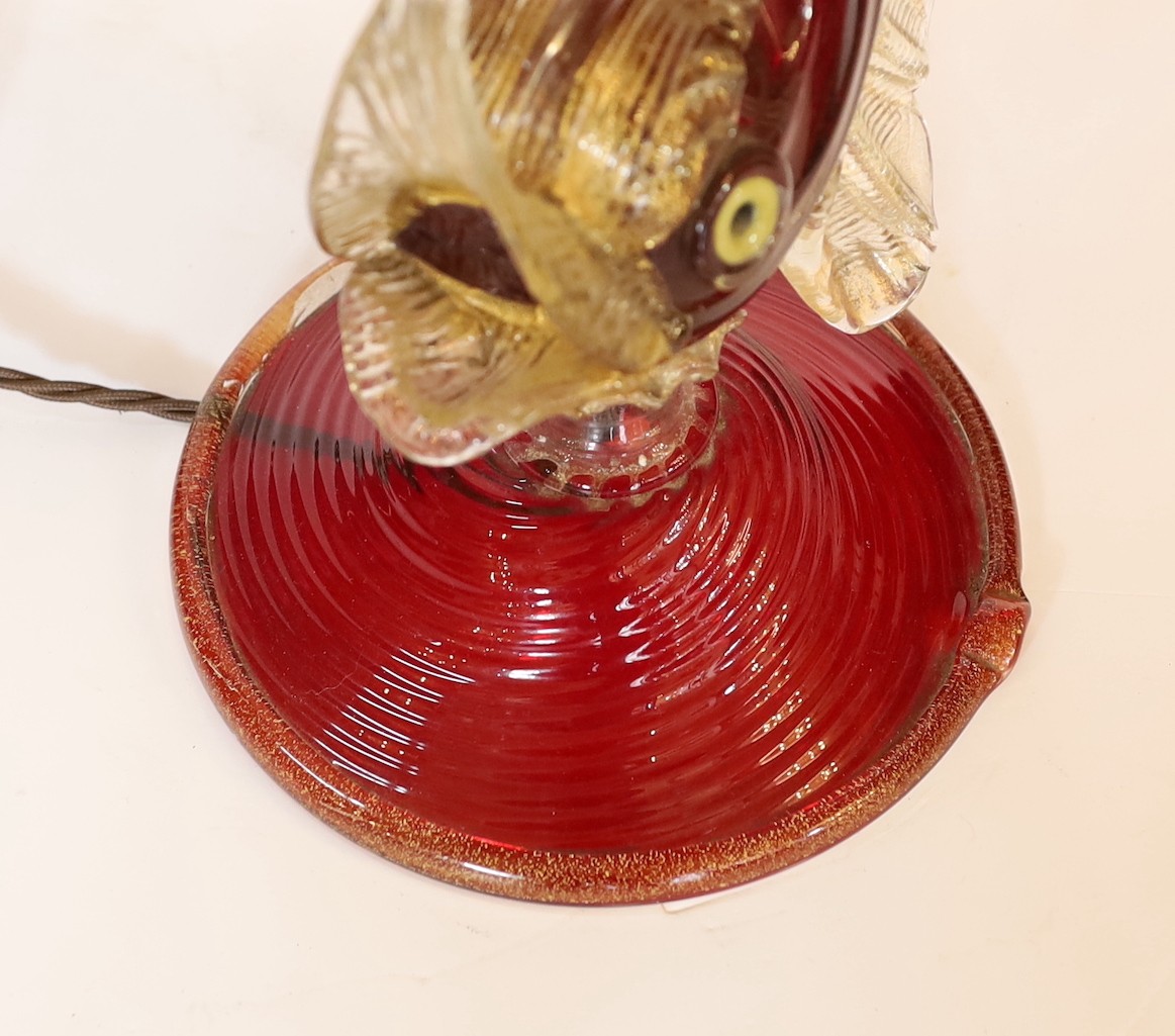 A 1930s Venetian ruby and gold glass dolphin table lamp, height 55cm
